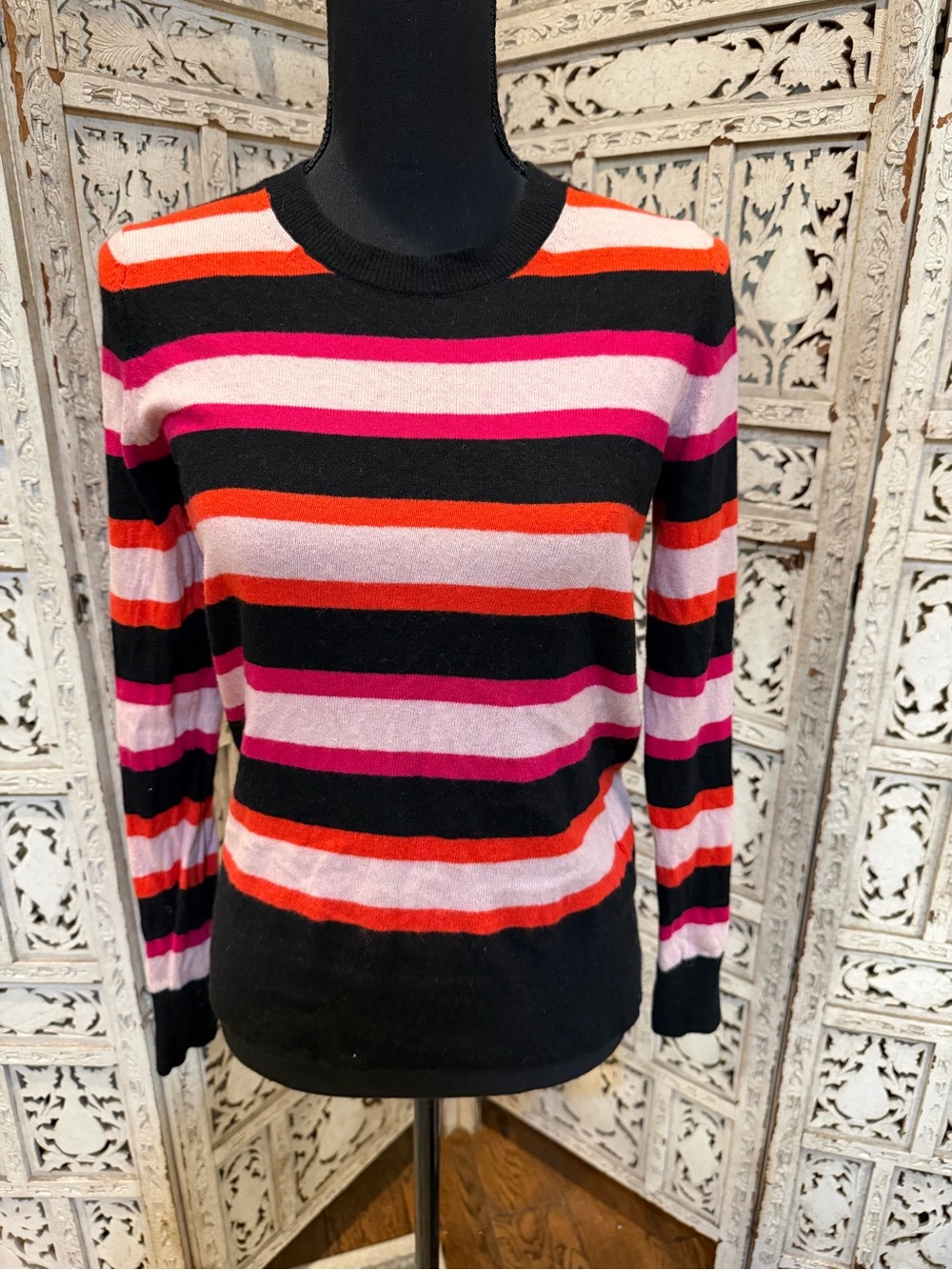 Banana Republic Black, Pink & Red Striped Crewneck Sweater